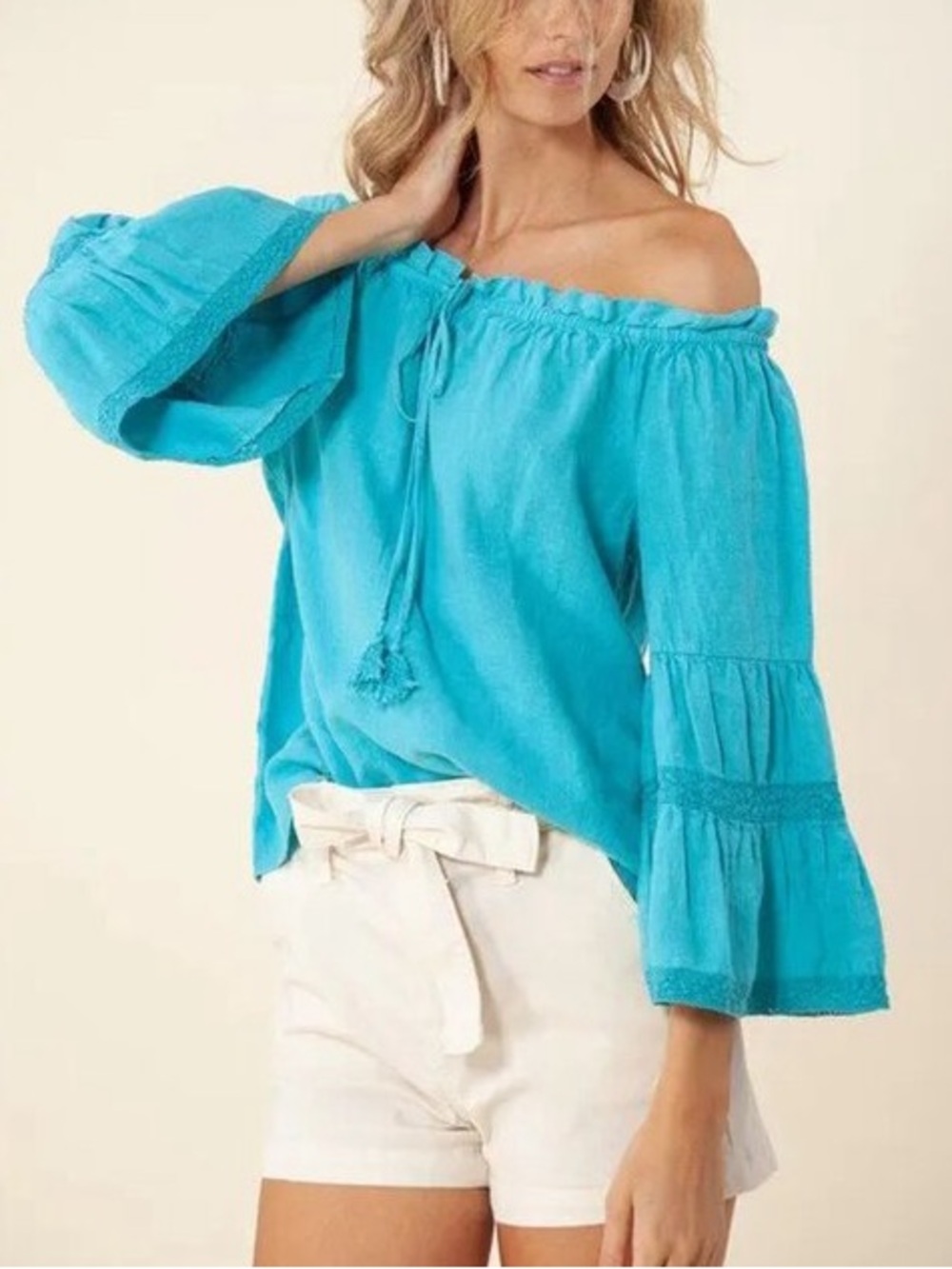 Hale Bob Turquoise Off-Shoulder Linen Peasant Tunic